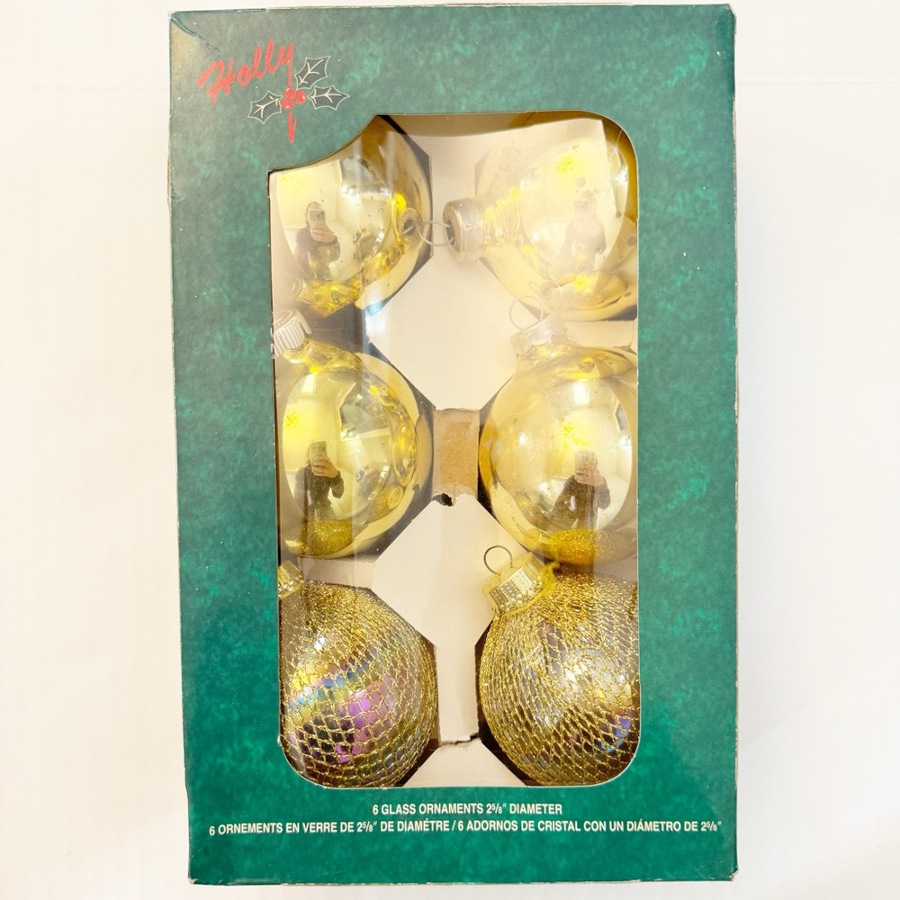 Vintage Holly glass gold ornaments, with original box.